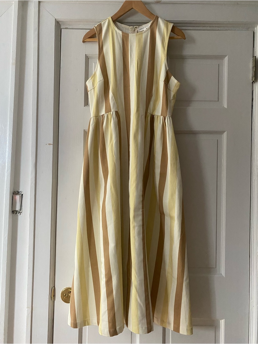 Soft Denim Cinched Waist Yellow & Beige Striped Sleeveless Dress